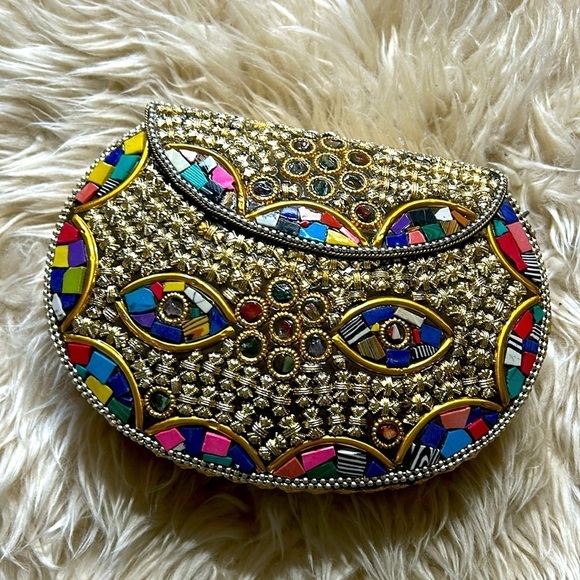 RAMLA Rio mosaic handcrafted art to wear gold multicolor shoulder bag clutch new - Picture 1 of 9